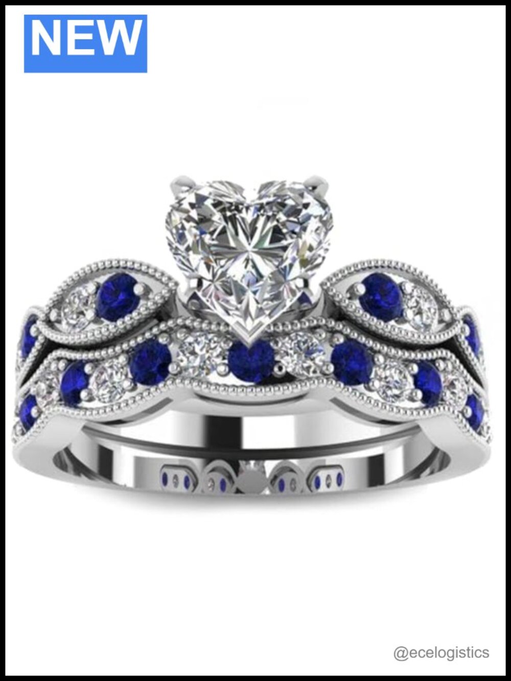 Sterling Silver Halo Heart Cut CZ Bridal Ring Set Milgrain Engagement Wedding